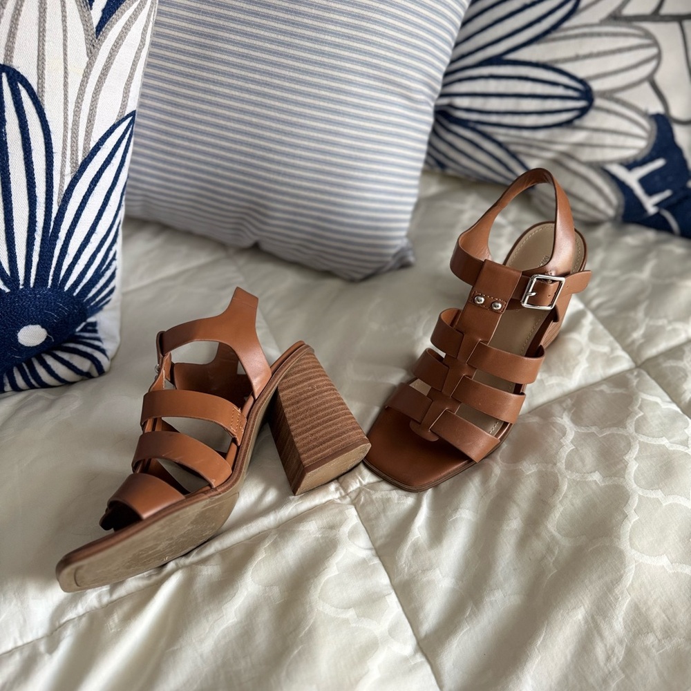 Marc Fisher Brown Leather Chunky Heeled Sandals - Picture 4 of 5